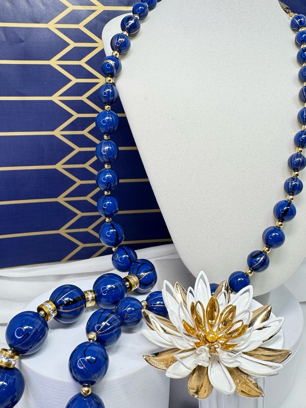 Bold Royal Blue Floral Necklace and Bead Set